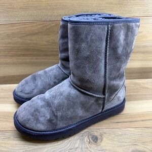 UGG Classic Short Swarovski Crystal Bow Womens 8 Gray Suede Shearling Fur Lined